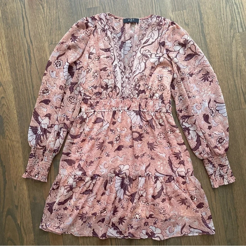 ANTHROPOLOGIE o.p.t Peach Floral Degage Metallic Boho Peasant Mini Dress - Picture 3 of 12